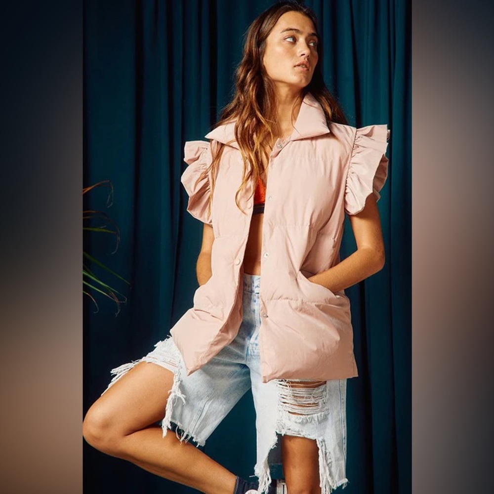 Ruffle Sleeve Down Vest - Dusty Pink / Large
